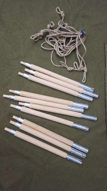 cold war era EG (DDR) strichtarn (falling rain) Zeltbahn pole and string set in camo carry bag new