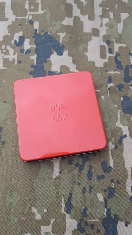 small flat square SADF type red ammo "dems" tin for dets - very good condition with inner padding