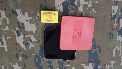 small flat square SADF type red ammo "dems" tin for dets - very good condition with inner padding