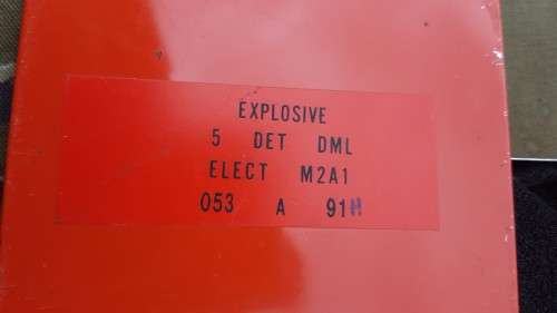 small flat square SADF type red ammo "dems" tin for dets - very good condition with inner padding