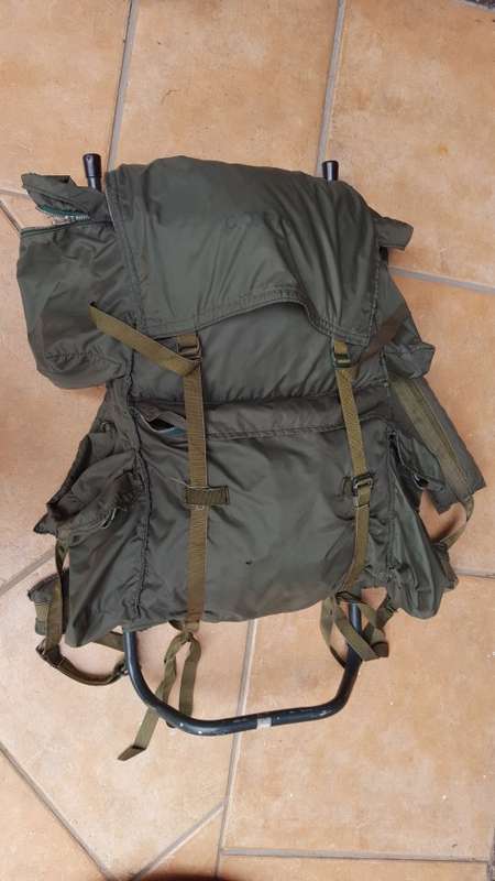 used & issued (named) Rhodesian era olive green hiking bag "pack" with H-frame - good condition