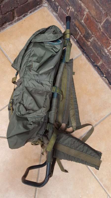 used & issued (named) Rhodesian era olive green hiking bag "pack" with H-frame - good condition