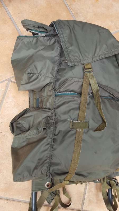 used & issued (named) Rhodesian era olive green hiking bag "pack" with H-frame - good condition