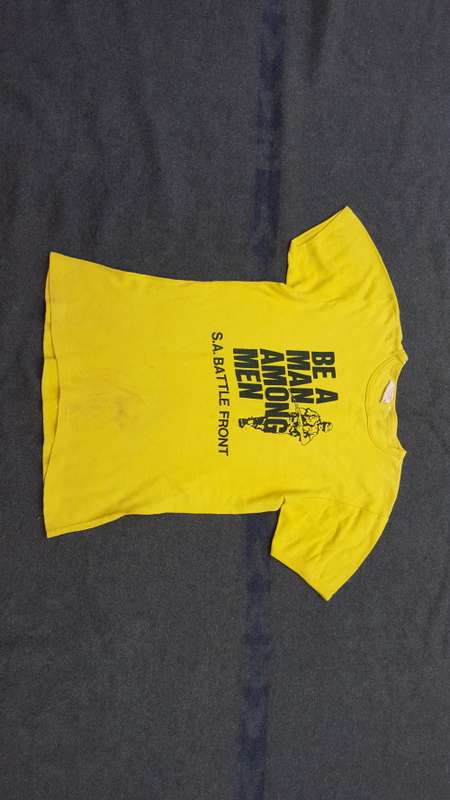 period tee-shirt - yellow RSA made (Pta) SADF era "be a man" Rhodesia style symbolism border war
