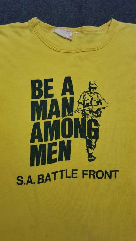 period tee-shirt - yellow RSA made (Pta) SADF era "be a man" Rhodesia style symbolism border war