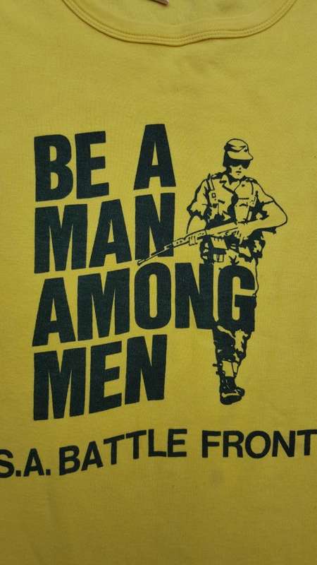 period tee-shirt - yellow RSA made (Pta) SADF era "be a man" Rhodesia style symbolism border war