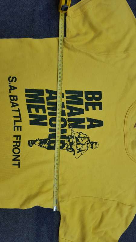period tee-shirt - yellow RSA made (Pta) SADF era "be a man" Rhodesia style symbolism border war
