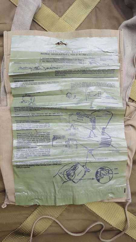 scarce SADF era canvas (disposable) Claymore ammo carry bag (used) with loose instr sheet SWA Angola