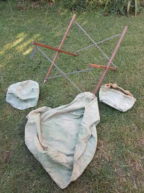 well used & intact 4 piece UDF/ SADF era set camping canvas basin and bucket field living essential