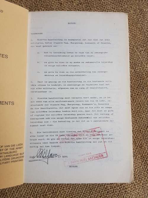 premium booklet an original period SADF era Military Leadership manual in Eng/ Afr with unit stamps