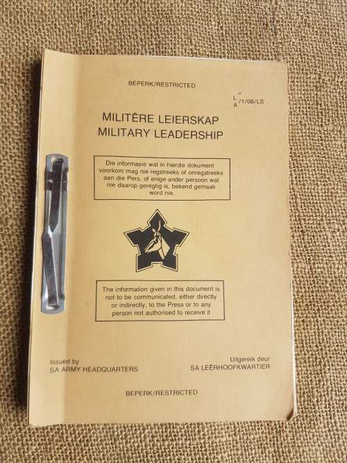 premium booklet an original period SADF era Military Leadership manual in Eng/ Afr with unit stamps