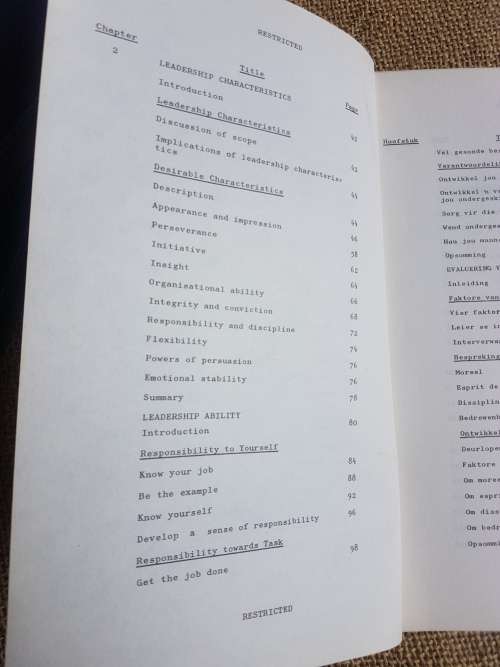 premium booklet an original period SADF era Military Leadership manual in Eng/ Afr with unit stamps