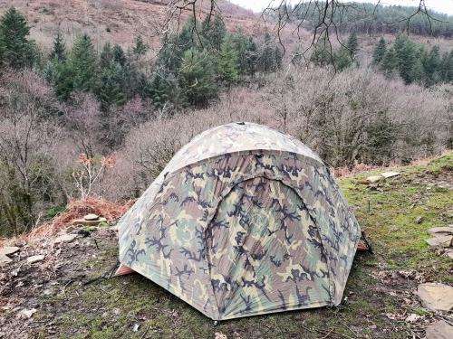 very good (no damage) complete USMC reversible (woodland camo and tan) combat 2 person issue tent