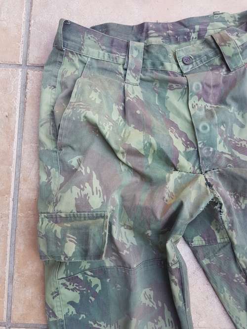 used & field-modified (pockets removed) Mozambique Army FADM lizard patt cam trousers med