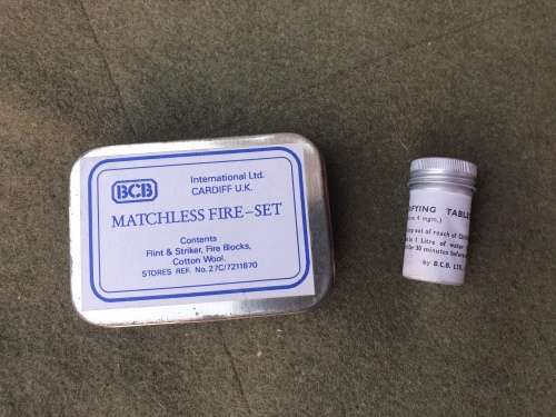 SADF era (SAAF) used small metal tin with `fire kit` and water purification tabs survival E&E kit