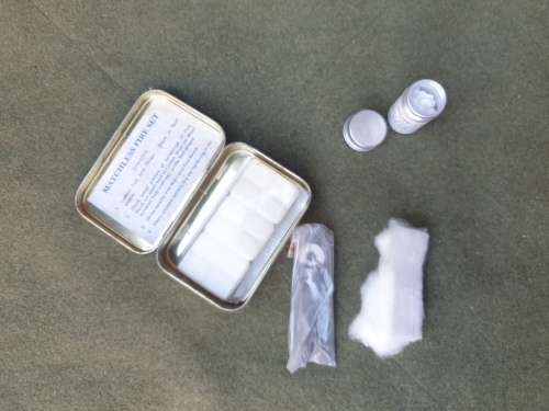 SADF era (SAAF) used small metal tin with `fire kit` and water purification tabs survival E&E kit