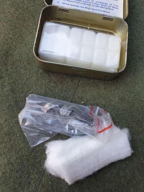 SADF era (SAAF) used small metal tin with `fire kit` and water purification tabs survival E&E kit