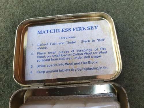 SADF era (SAAF) used small metal tin with `fire kit` and water purification tabs survival E&E kit