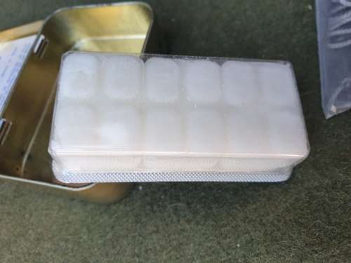 SADF era (SAAF) used small metal tin with `fire kit` and water purification tabs survival E&E kit