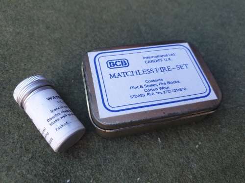 SADF era (SAAF) used small metal tin with `fire kit` and water purification tabs survival E&E kit