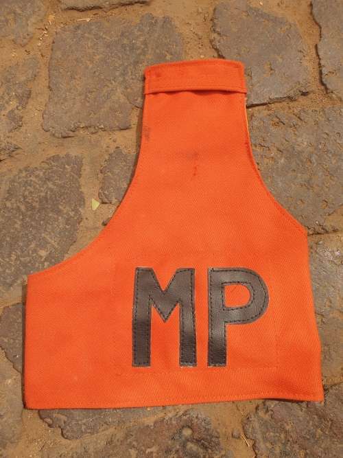 single SADF era Mil Police uniform sleeve used reversible arm brassard MP with red/ day-glo orange