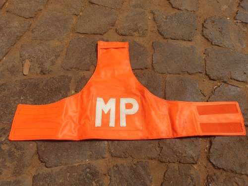 single SADF era Mil Police uniform sleeve used reversible arm brassard MP with red/ day-glo orange