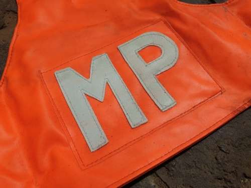 single SADF era Mil Police uniform sleeve used reversible arm brassard MP with red/ day-glo orange