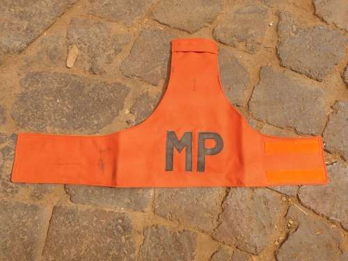 single SADF era Mil Police uniform sleeve used reversible arm brassard MP with red/ day-glo orange