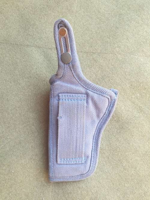 variation used condition original SAP era issue blue cotton canvas side-arm holster with thumb-break