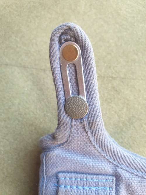 variation used condition original SAP era issue blue cotton canvas side-arm holster with thumb-break