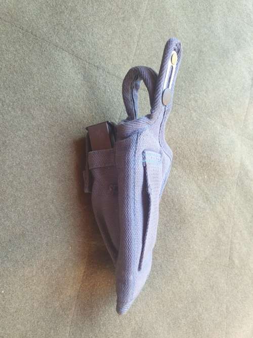variation used condition original SAP era issue blue cotton canvas side-arm holster with thumb-break