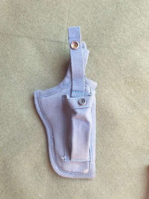 variation used condition original SAP era issue blue cotton canvas side-arm holster with thumb-break