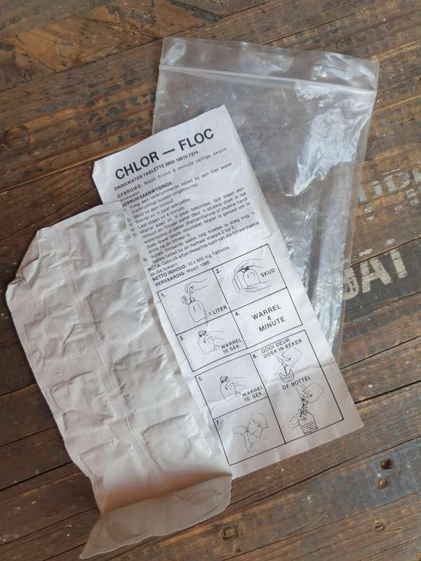 as issued SADF era SWA/Angola Borderwar period dd Mar 88 water purificaton tablets survival kit item