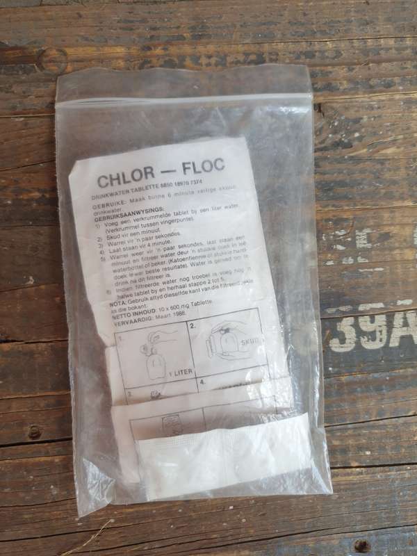 as issued SADF era SWA/Angola Borderwar period dd Mar 88 water purificaton tablets survival kit item