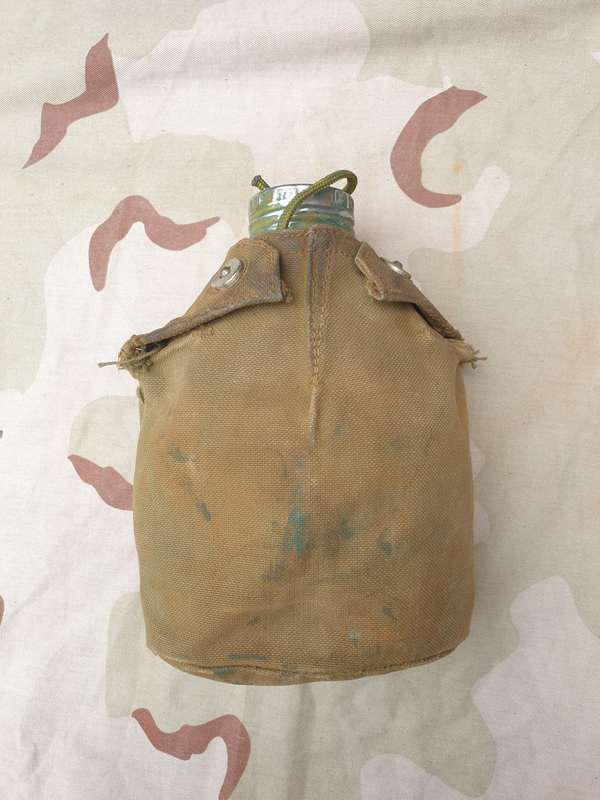 original bushwar era used allu canteen and cup and canvas belt pouch- all field used & hand painted