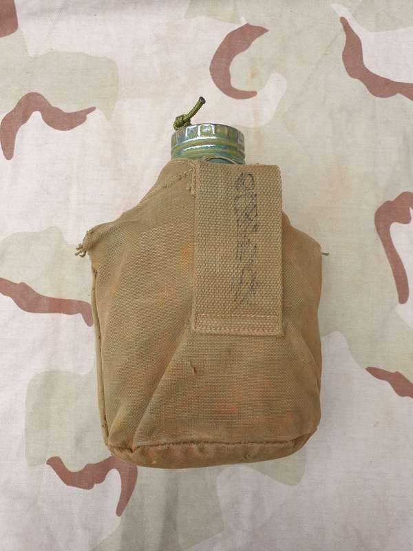 original bushwar era used allu canteen and cup and canvas belt pouch- all field used & hand painted