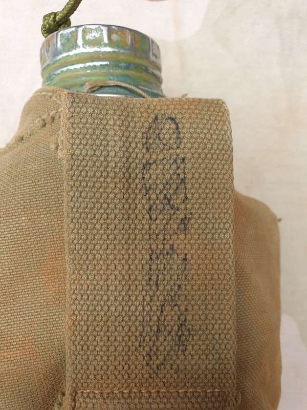 original bushwar era used allu canteen and cup and canvas belt pouch- all field used & hand painted