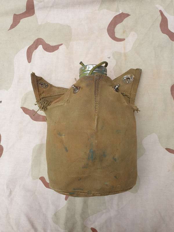 original bushwar era used allu canteen and cup and canvas belt pouch- all field used & hand painted
