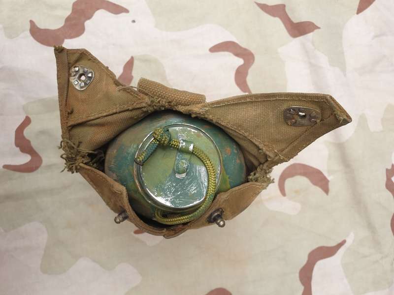 original bushwar era used allu canteen and cup and canvas belt pouch- all field used & hand painted