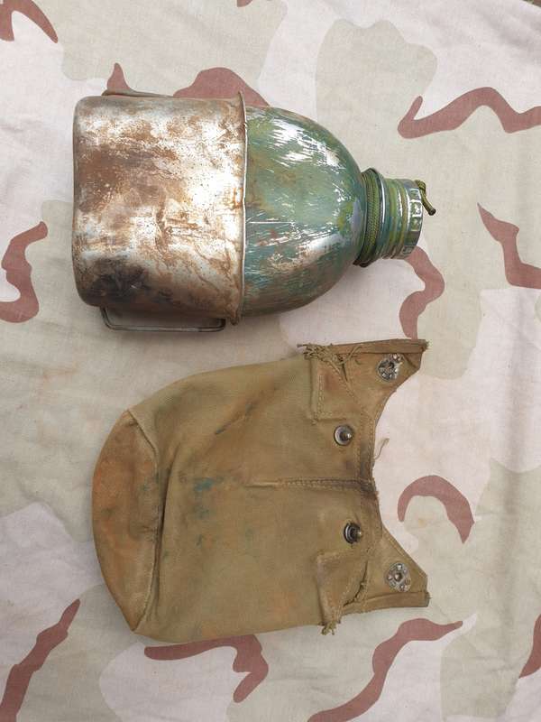 original bushwar era used allu canteen and cup and canvas belt pouch- all field used & hand painted