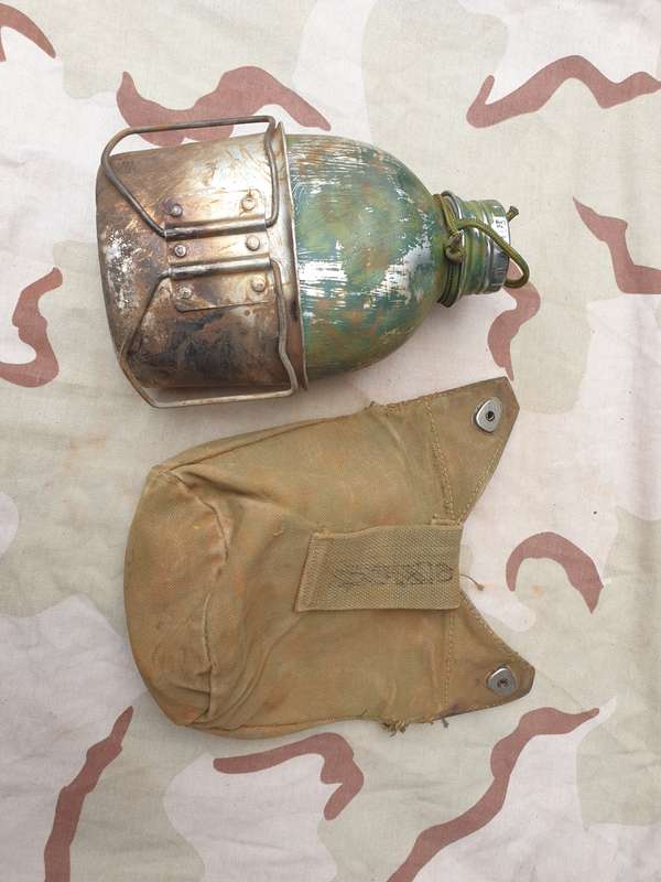 original bushwar era used allu canteen and cup and canvas belt pouch- all field used & hand painted