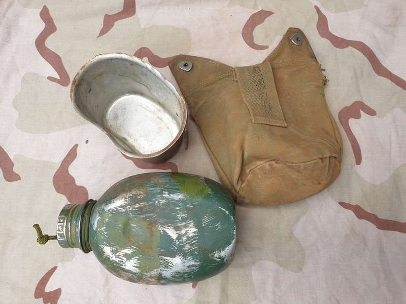 original bushwar era used allu canteen and cup and canvas belt pouch- all field used & hand painted
