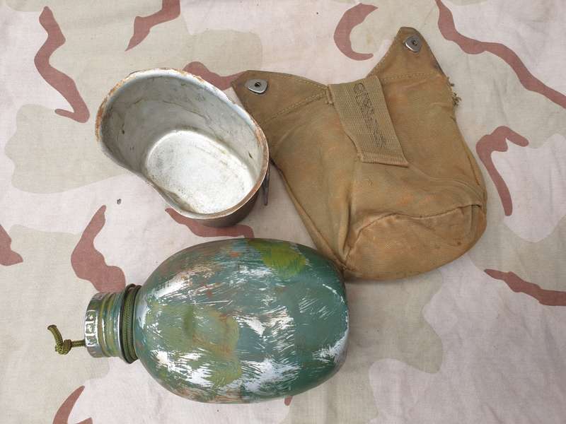 original bushwar era used allu canteen and cup and canvas belt pouch- all field used & hand painted