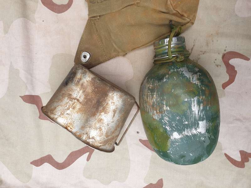 original bushwar era used allu canteen and cup and canvas belt pouch- all field used & hand painted