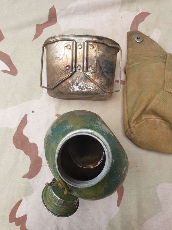 original bushwar era used allu canteen and cup and canvas belt pouch- all field used & hand painted