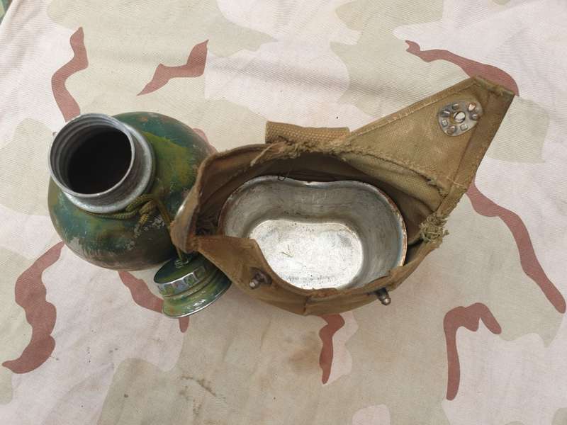 original bushwar era used allu canteen and cup and canvas belt pouch- all field used & hand painted