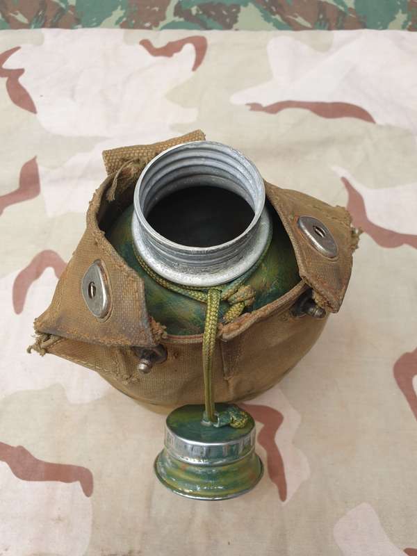 original bushwar era used allu canteen and cup and canvas belt pouch- all field used & hand painted
