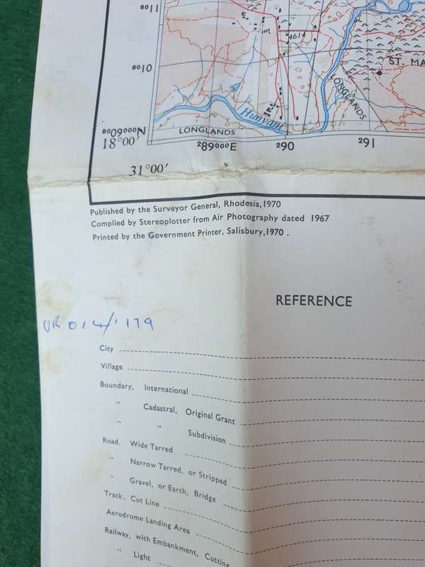 Original Rhodesian bushwar period issue SALISBURY 1: 50 000 topo map - folded & clean field used