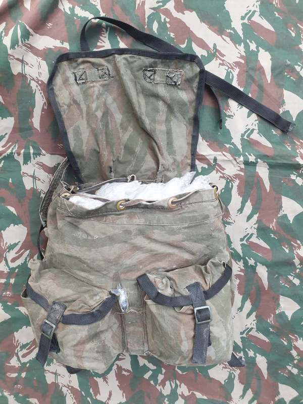 original/period medium size FAPLA grey lizard camo canvas rucksack (custom made?) in good used