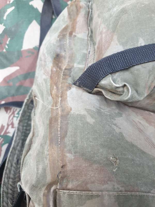 original/period medium size FAPLA grey lizard camo canvas rucksack (custom made?) in good used